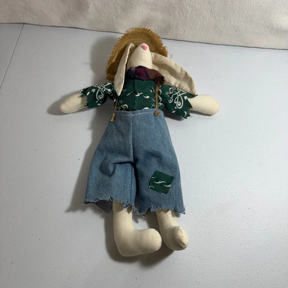 Adorable Bunny scarecrow Doll Plush Stuffed Animal Straw‎ Hat Denim Overall